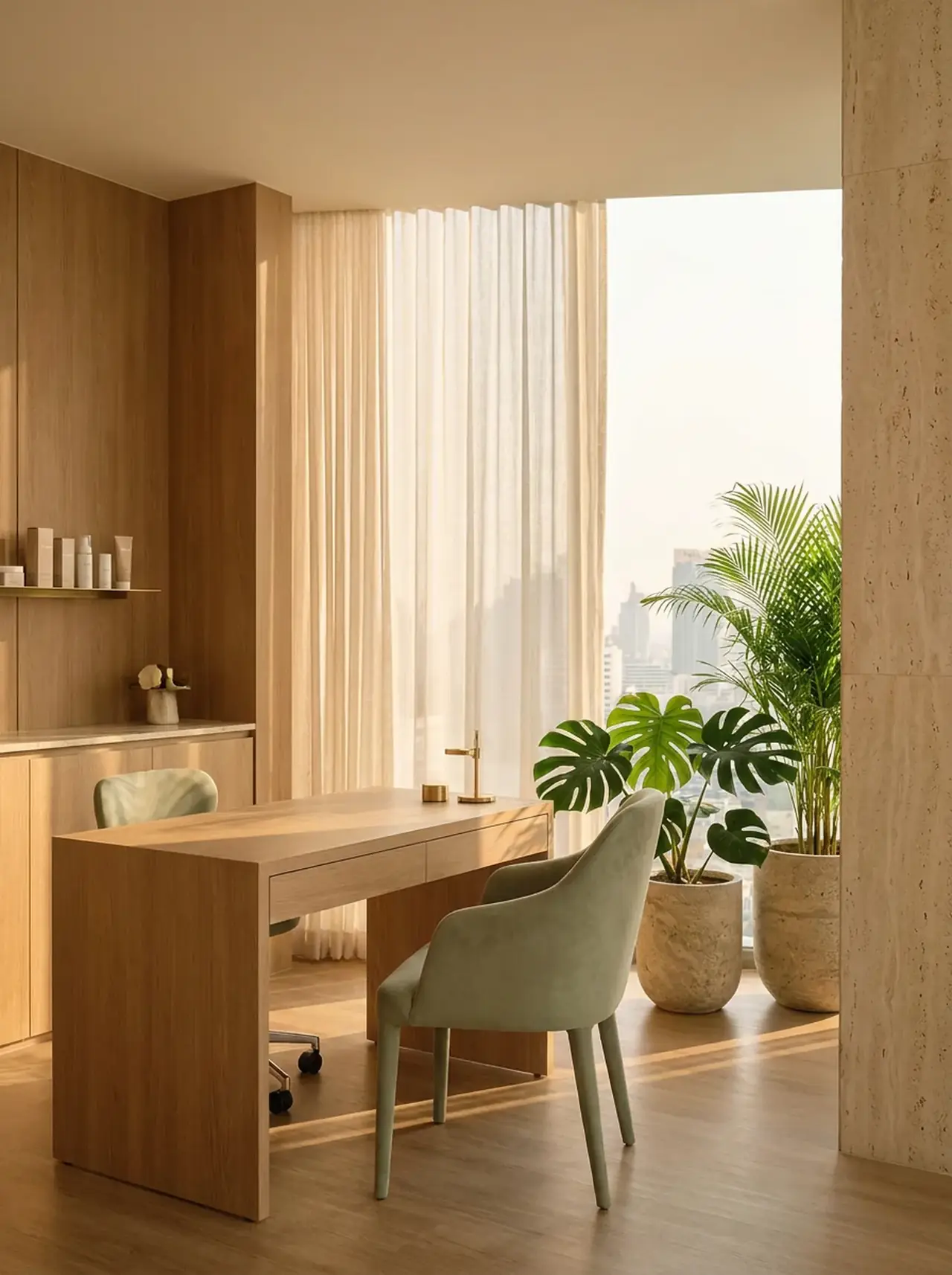 Premium aesthetic clinic consultation suite in oak, travertine and sage green